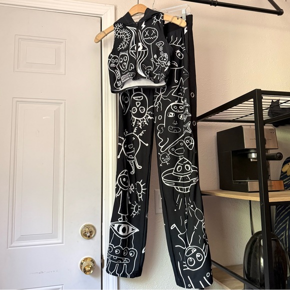 Badinka Pants - Black Graphic Print Lounge Jumpsuit Set